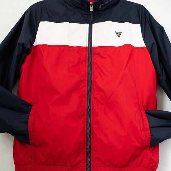 Guess Wind Jacket Kid's 16 Red & Blue & White Full Zip Hooded Vintage 90s Style - Picture 2 of 15